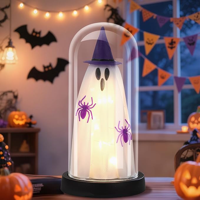 Halloween Decor-Halloween Decorations Indoor-Light Up Ghost in Glass Cloche-Cute Ghost with Light for Home Kitchen Mantel Tabletop Party Decor- Ghost-Purple