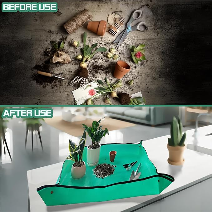 OXIHOUSE&CO- Repotting Mat, 39.5"x31.5", Green, Dirt Control, Perfect for Indoor & Outdoor Plants, Easy Storage, Durable Design - Portable Potting Tray for Gardening Lovers