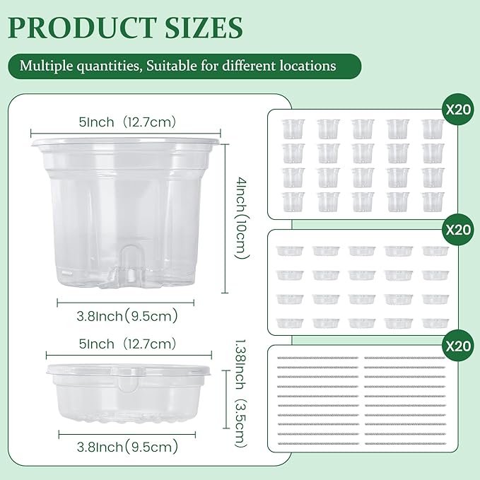 20 Packs 5 Inch Clear Plant Pots, Plastic Self Watering Planters with Drainage Holes, Deep Reservoir, Transparent Nursery Pots