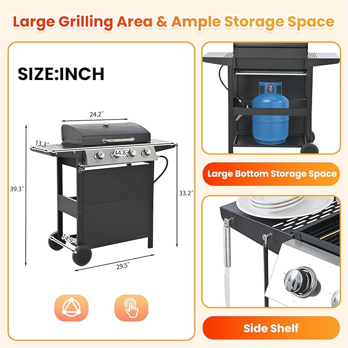 4-Burner Propane Gas BBQ Grill with Porcelain-Enameled Cast Iron Grates and 2 Foldable Side Tables, 34,000 BTU Stainless Steel Grill for Outdoor Camping Barbecue Grilling Backyard Cooking