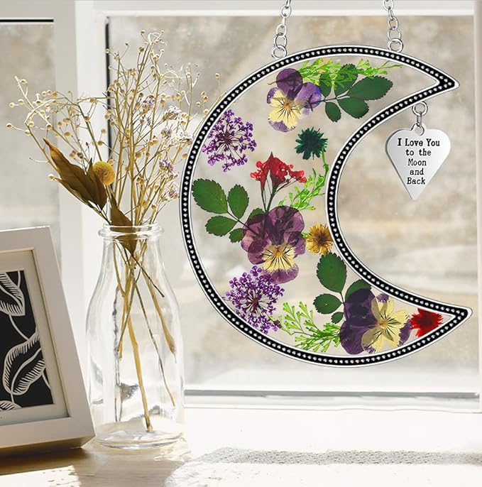 KY&BOSAM Moon Suncatcher I Love You to The Moon and Back Stained Glass for Window Hangings Wind Chime Decor with Pressed Real Flower and Metal Charm Birthday Gift for Women Mom Mother`s Day Christmas