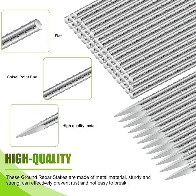 Gisafai 12 Pcs 40 Inch Ground Rebar Stakes Heavy Duty Ground Anchors Steel Plant Support Garden Stake Long Straight Metal Spikes with Chisel Point End for Concrete Timber Garden Plant Tent
