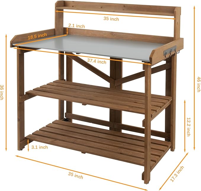 Folding Potting Bench Table,Outdoor Potting Bench Garden Wooden Potting Table,Fir Wood Workstation Planting Table with Galvanized Tabletop,2 Tier Storage Shelves,Top Shelf(Brown)