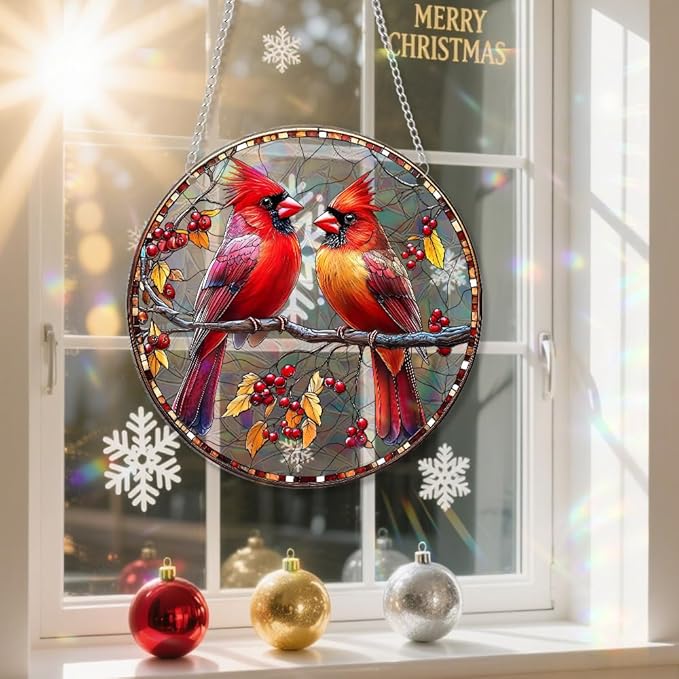 Xmas Suncatcher Bird Window Hanging - Christmas Snowman Suncatcher for Door Terrace Garden Home Decor， Winter Rainbow Maker Birthday Gifts for Lovers Women Men Dad Mom