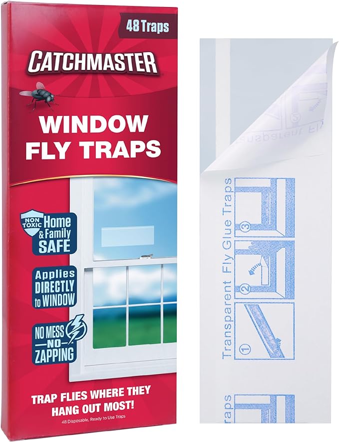Catchmaster Window Fly Traps 48-Pack, Fruit Fly Traps for Indoors, Disposable Bulk Bug Catcher, Waterproof Insect Glue Trap, Adhesive Strips, Pet Safe Pest Control for Home, Kitchen, & Garage