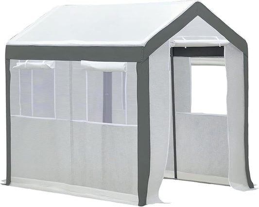 Outsunny 8' x 6' x 7' Walk-in Greenhouse, Outdoor Garden Warm Hot House with 4 Roll-up Windows, 2 Zippered Doors and Weather Cover, White