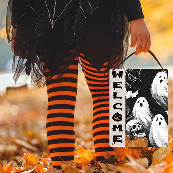 Welcome Halloween Ghost Metal Tin Sign Vintage Retro Wall Decor Rustic Metal Poster For Home Yard Outdoor 12x16inch