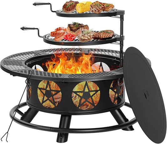 42 Inch Fire Pit with 2 Grills, Extra Large Wood Burning Fire Pits for Outside with Lid & Poker, Heavy Duty Firepit,BBQ& Outdoor Fire Pit & Round Metal Table 3 in 1 for Patio, Picnic, Party