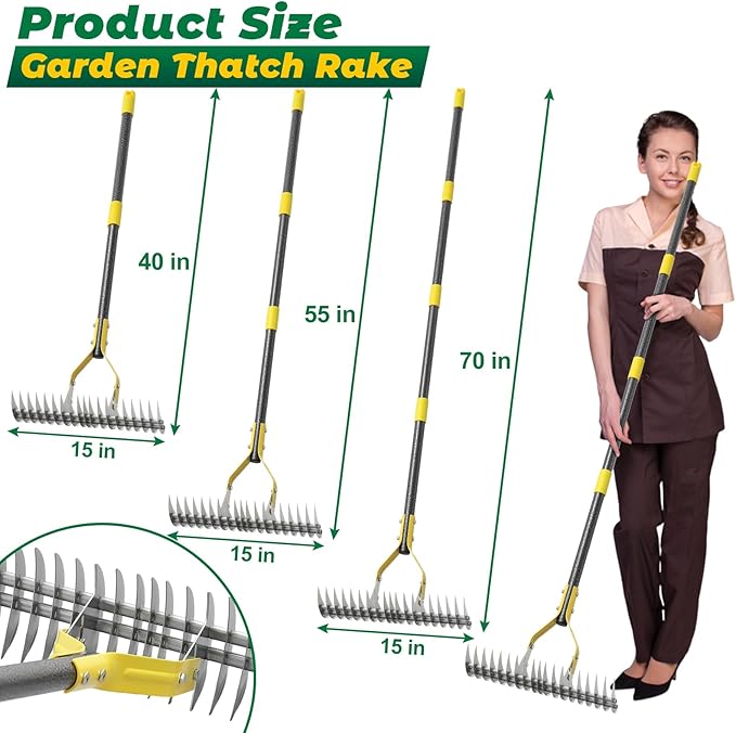 Thatch Rake,70 Inch Heavy Duty Lawn Thatching with Adjustable Stainless Steel Handle,Multiple Garden Rake for Leaves,Lawn Loosening Soil,Backyard,Garden