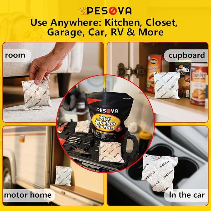 Mouse Repellent Pouches, Extra-Strength Natural Peppermint Oil Mice Repellent Indoor, Made with Plant Fibers Cinnamon and Peppermint Oils, Use Safe for Car/RV/Boat/Garage/Shed (Pack of 12)