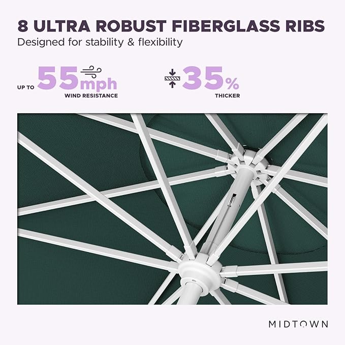 Midtown Umbrellas The Swilt 10 Feet Patio Umbrella in Terylast Forest (Dark Green) Polyester Fabric - Fiberglass Ribs, Auto-Tilt Aluminum Frame For Backyard, Deck, Garden, Pool - White Pole