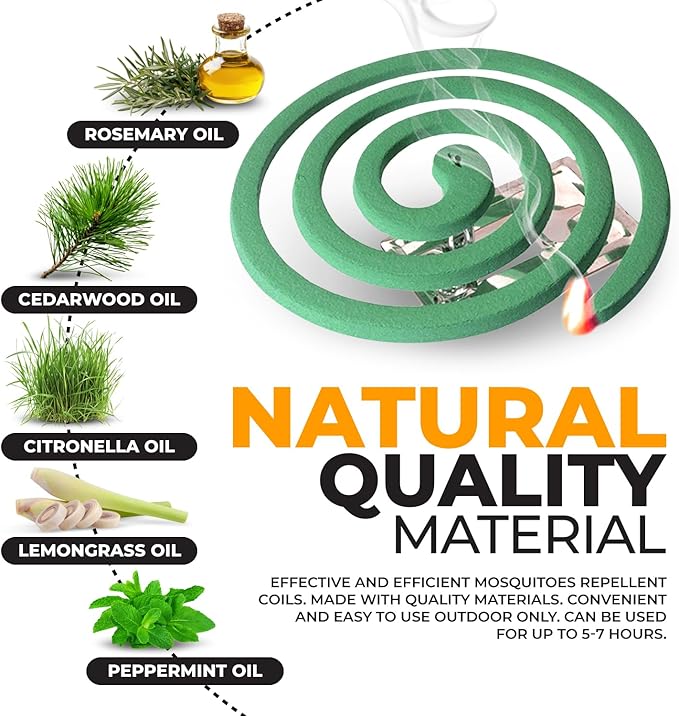 Mosquito Repellent Coils - Outdoor Use Reaches Up to 10 feet - Each Coil Burns for 5-7 Hours (Four in Each Pack Contains Total 16 coils & 8 Coil Stands)