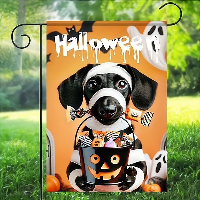 Halloween Garden Flags for Outside 12x18 Inch Double Sided Trick or Treat Dachshund Garden Flag Halloween Dog Skeleton Decorations Small Halloween Outdoor Yard Flag
