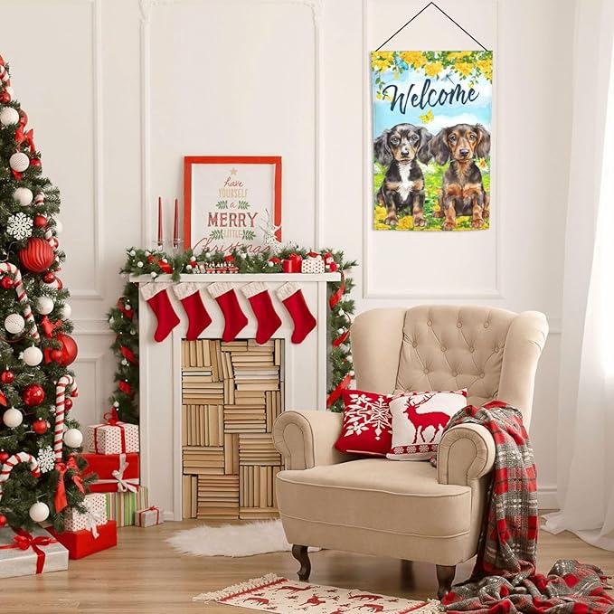 Puppy Lovers Spring Flowers Florals Cute Dachshund Dog Garden Flag Welcome Party Outdoor Outside Decorations Picks Home House Garden Yard Decor 12x18 Inch