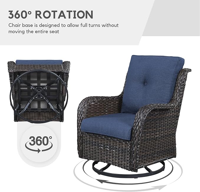 4PCS Modern Blue Patio Set with Swivel Rocking Chairs, Fire Pit Table & Thick Cushions