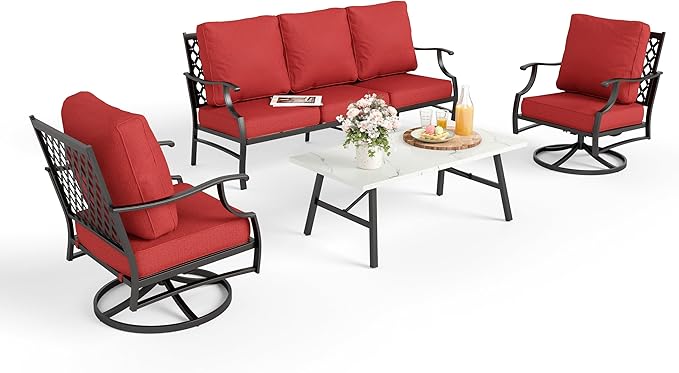 Patio Furniture Set 4 pcs, Metal Outdoor Patio Furniture, 3-Seat Sofa, 2 Swivel Chairs, Coffee Table and 5.75" Extra Thick Cushion, Patio Conversation Set for Backyard Deck, Red-Orange