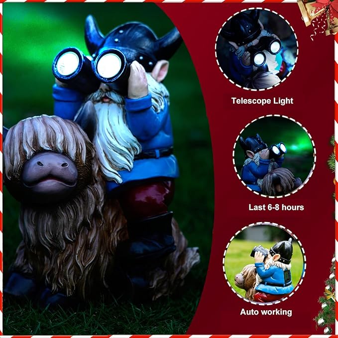 Garden Gnome Statues Resin Gnome Sitting on Highland Cow Solar LED Lights Outdoor Telescope Gnome Decorations