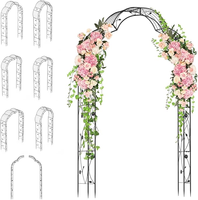 Moccha 2 Sides Garden Arch Arbor Trellis, 8.2FT Metal Archway for Climbing Plants Roses Vines, Outdoor Pergola Trellis with 6 Styles & Sharp Ends, Garden Arbor for Backyard Wedding Party Ceremony
