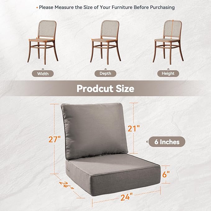 Luxury 6" Outdoor Cushions for Patio Furniture, 24x24x6 Thick Seat Cushion Set of 3, Fade Resistant Couch Chair Replacement Cushions High Density Deep Wicker Chair Cushion w/Removable Cover Gray