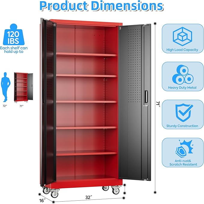 71"H×32"W×16"D Rolling Tool Storage Cabinet with 5 Adjustable Shelves and Pegboard,Metal Garage Storage Cabinet with Wheels for Garage Home Office Utility Room,Required Assembly, Red and Black