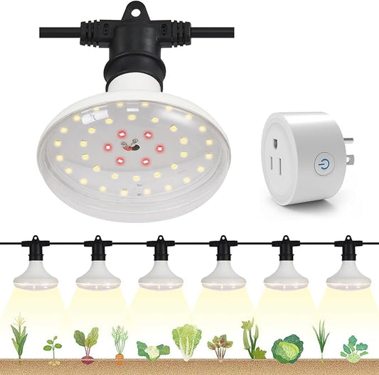 Outdoor Grow Lights Waterproof, Full Spectrum String Grow Light with 22FT Light String Cord for Seedling, Veg, Flower in Greenhouse, Garden, Backyard, Farm (6 Lights, with Smart Plug)