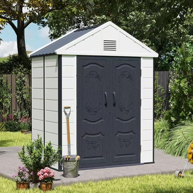 Kingdura 6x4 FT Resin Outdoor Storage Shed with Reinforced Floor, All-Weather Resistant Plastic Garden Outside Bike Tool Shed with Lockable Doors, Window for Backyard Patio Poolside