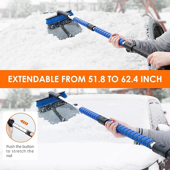 AstroAI 62.4" Ice Scrapers for Car Windshield and Extendable Snow Scraper with Foam Grip and 360° Pivoting Brush Head for Christmas Car Auto Truck SUV(Blue)