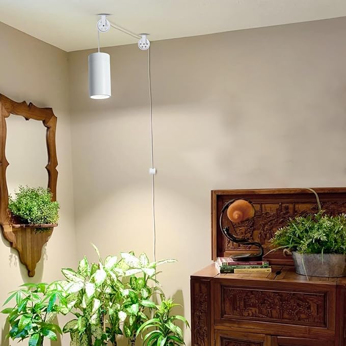 HMVPL Hanging Grow Light, Plant Lights Full Spectrum with 4000K 40W COB Bulb, Pulleys and Smart Timer, Indoor Grow Lamp for Tall Tree Hydroponics