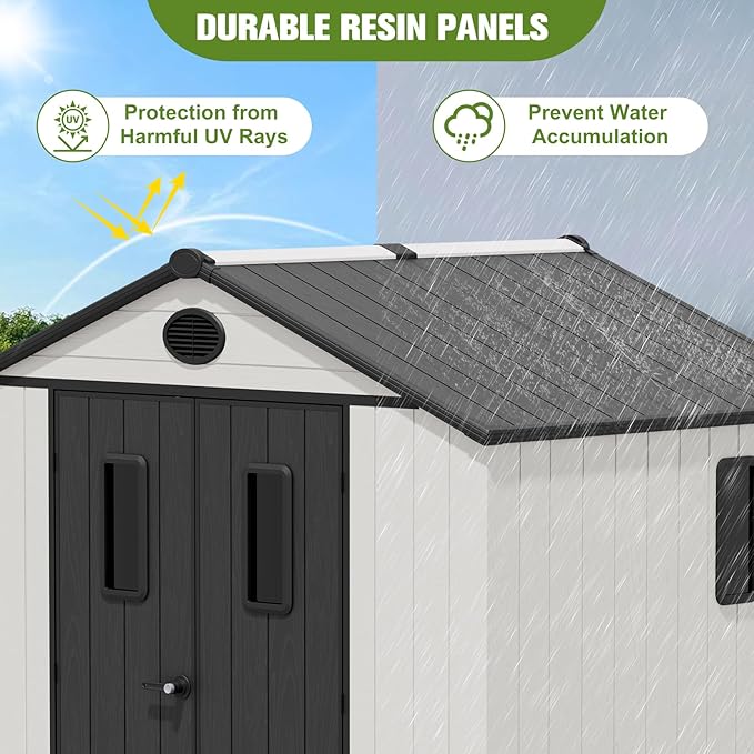COOS BAY Resin Outdoor Storage Shed with Lockable Double Doors, Heavy-Duty Floor, All-Weather Garden Shed for Tools & Equipment, 8x8 ft, White/Gray