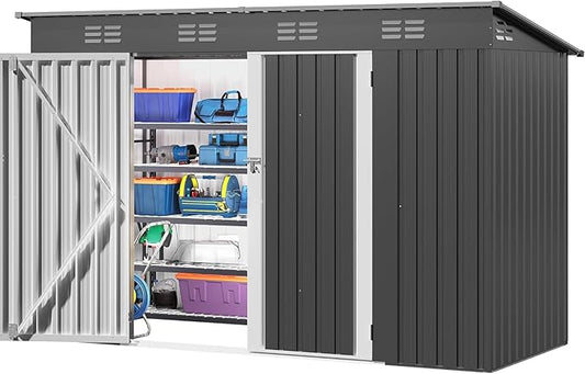 DWVO 9.1x4.2ft Large Outdoor Storage Shed, Metal Tool Sheds, Heavy Duty Tool Storage with Lockable Doors & Air Vent for Backyard Patio Lawn to Store Bikes, Tools, Lawnmowers,Dark Gray