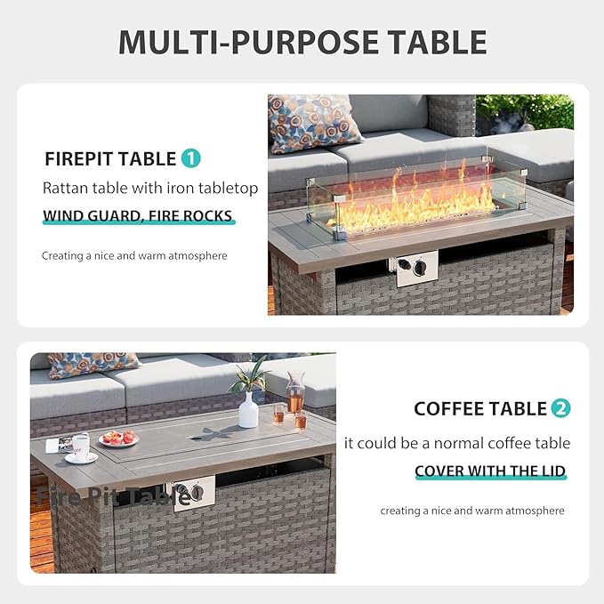 Restland 44” Propane Fire Pit Table 60000 BTU Rectangle Outdoor Fire Pit Table with Wind Guard & Waterproof Cover CSA-Certified Rattan Gas Firepit for Patio, Party, Backyard