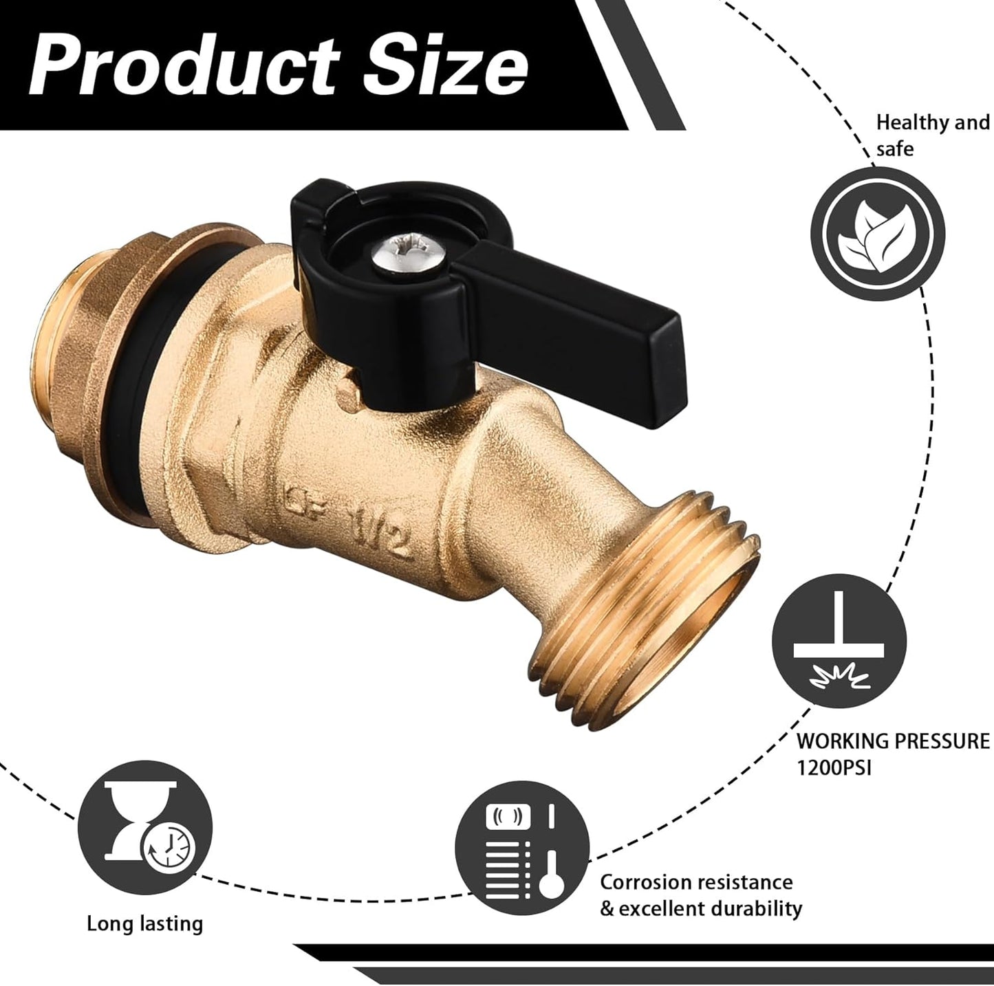 Brass Water Container Rain Barrel Faucets Lead-Free Compliant Spigot Bulkhead Fitting 1/2" Inlet to 3/4"GHT Male Thread Outlet with Quarter Turn Ball Valve Include Bulkhead Fitting and Washers