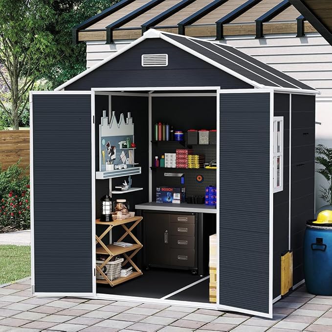Resin Storage Shed 6x6ft Outdoor Tool Shed with Floor, Window, Lockable Doors and Vents, 12mm Thick pp Board, Storage Sheds for Patio, Garden, Backyard, Lawn (Dark Gray, 6 * 6ft)