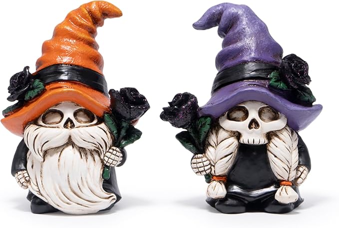 Hodao Halloween Gnomes Decorations Indoor, Resin Halloween Skull Head Handmade Figurines with Witch Hat & Rose Decor for Gift Home Bedroom Party Office Table - 2 Pcs, Orange & Purple
