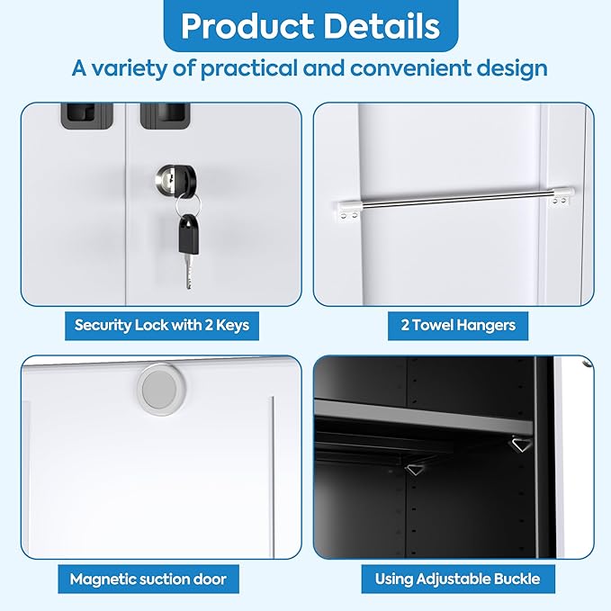 71" H Broom Closet Storage Cabinet with Wheels and Pegboard,Metal Garage Storage Cabinet with Lockable and Magnetic Doors,Adjustable Shelves for Garage Home Office,Required Assembly,Black and White