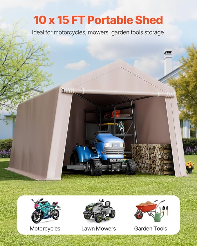 VEVOR Outdoor Storage Shed, 10 x 15 ft Portable Storage Tent with Roll-up Door & Vents, Waterproof Canopy Shed Shelter, Heavy Duty Frame, Patio Garage Carport for Motorcycle, Lawn Mower, Bike, Beige