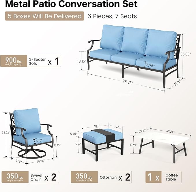 6 Piece Metal Outdoor Patio Furniture Set, Patio Conversation Sets 1 3-seater Sofa, 2 Swivel Chair, 2 Ottomans with 5.75" Thick Cushion and Coffee Table, Black Backyard Furniture, Blue