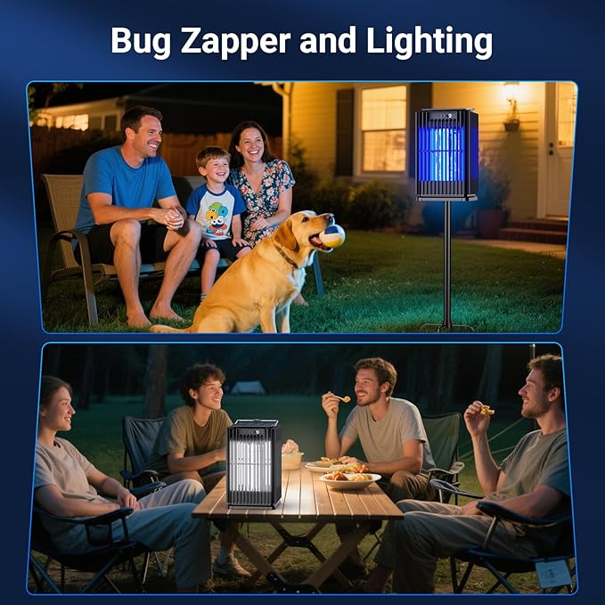 Solar Bug Zapper Outdoor Waterproof, Solar Mosquito Zapper Outdoor with Ground Bracket, Cordless Fly Zapper with Illuminated Light, 5000mAh Rechargeable Mosquito Killer