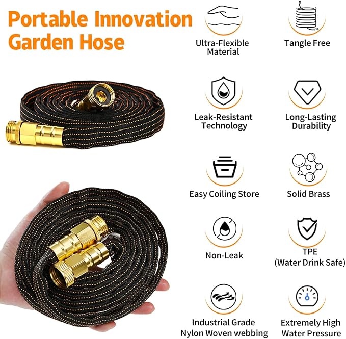 10FT Lightweight Flexible Hose,Solid Brass Head Garden Hose for Boat,RV, Marine Washdown, Lawn,Garden,Camp,outdoor,Superior high pressure TPE water Hose(Solid Brass&BlueBlack, 10 FT)