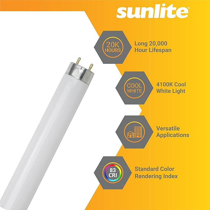Sunlite F32T8/SP841 T8 Linear Fluorescent Lamp, 32 Watts, 3050 Lumens, 4100K Cool White, Medium G13 Bi Pin Base, High Performance Straight Tube, 30 Pack