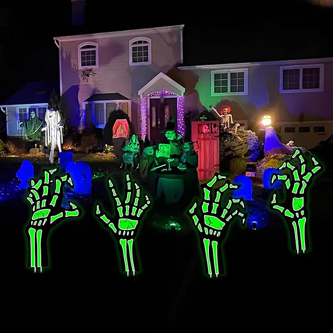 4 Pack Halloween Yard Decorations Skeleton Hands Glow in Dark, 15”x8” Outdoor Waterproof Light-Up Props for Scary Graveyard, Garden Pathway, Party, Haunted Porch Displays, Indoor