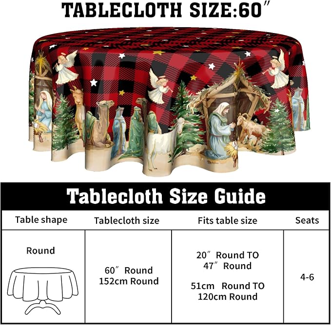 Giwawa Xmas Round Tablecloth 60 Inch, Farmhouse Vintage Red Buffalo Plaid Reusable Washable Polyester Table Cover for Party Picnic Dinner Indoor Outdoor Winter Holiday Decor