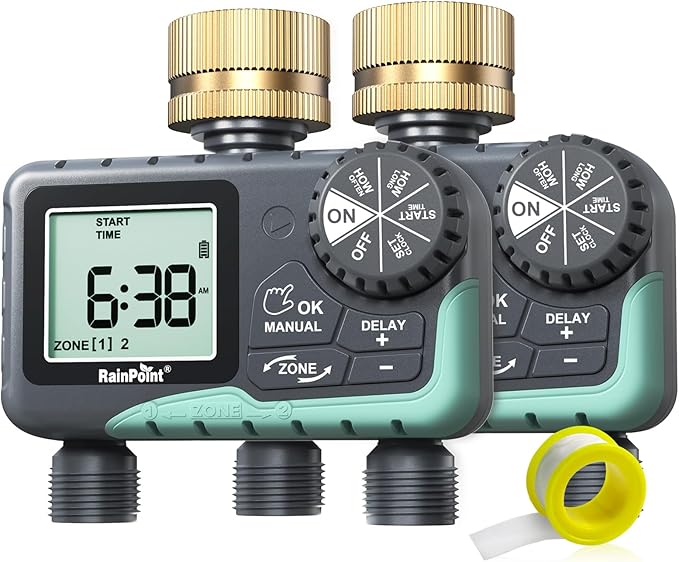 RAINPOINT 2 Zone Sprinkler Timer with Brass Swivel - 2pcs Water Timer for Garden Hose with Rain Delay/Manual Watering/Automatic Irrigation System - Programmable Faucet Timer for Yard Lawn