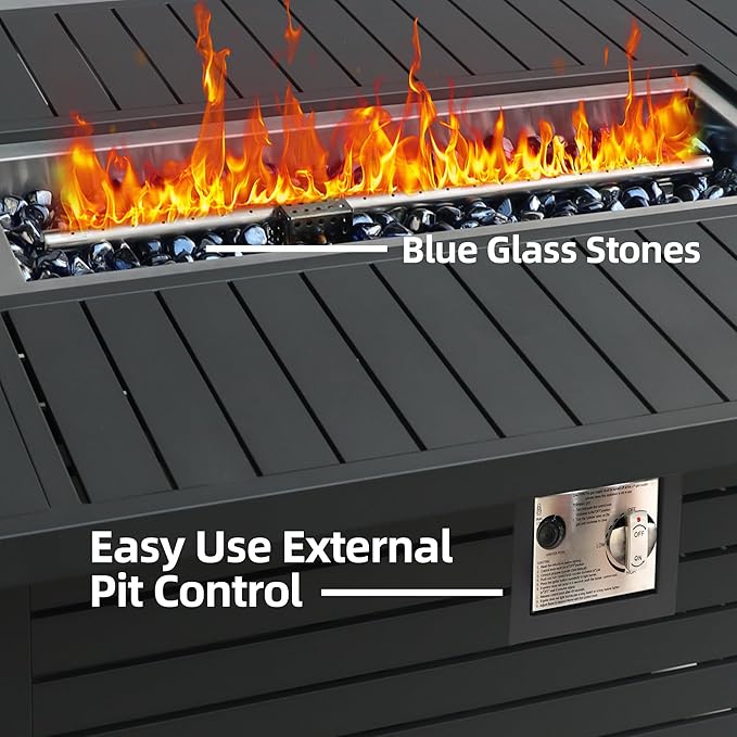 43.3 inch Outdoor Propane Fire Pit 2 in 1 Firepit Table Gas Fire Pit Table with Lid, Glass Wind Guard Rectangle Gas Firepit Table for Garden/Patio, CSA Certification (Dark Grey)