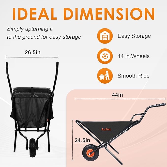 Collapsible Wheelbarrow, Foldable Home Utility Yard Wheelbarrow Easy Loading and Dumping Garden Cart Thickened Oxford Cloth Lawn Cart for Nutrient Soil,Grass, Leaf, Garden Supplies