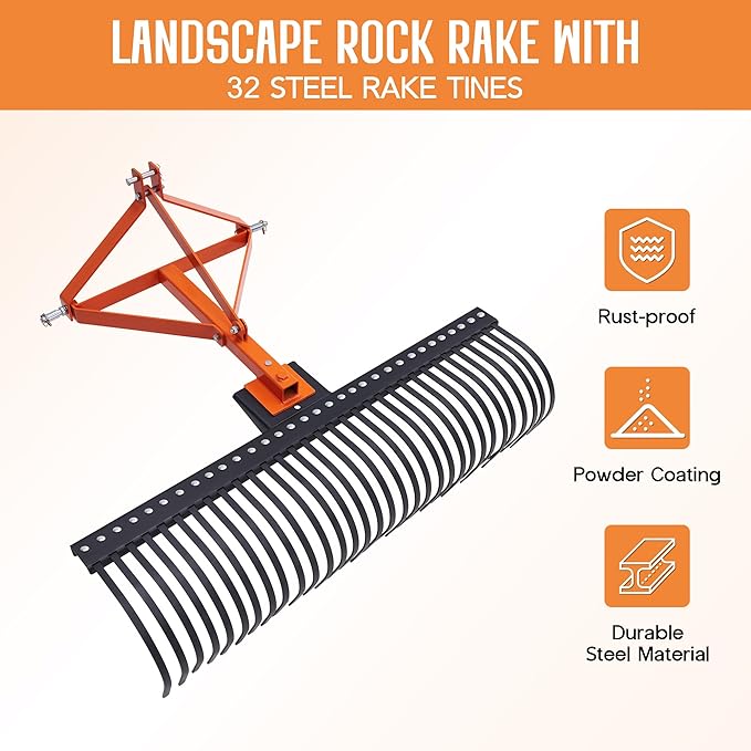 Specraft 3 Point Tow Behind Rake, 60" Adjustable Angle with 32 Steel Tines, Lawn Dethatcher Landscape Rake with Attachments for Field, Yard Cleanup