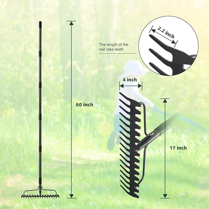 60'' Heavy Duty Garden Rake with Stainless Steel Handle, Metal Head for Loosening Soil, Gathering Leaves, Leveling Lawns