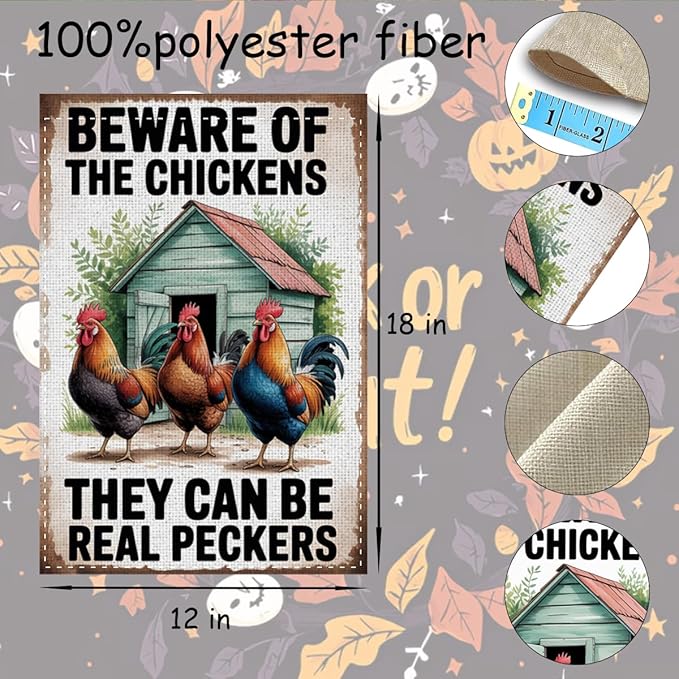 Fokongna Funny Garden Flag, Beware Of The Chickens Farm Funny Chicken Garden Flag, 12x18 Inch Burlap Vertical Double Sided Flags, for Home Yard Outside Decorations