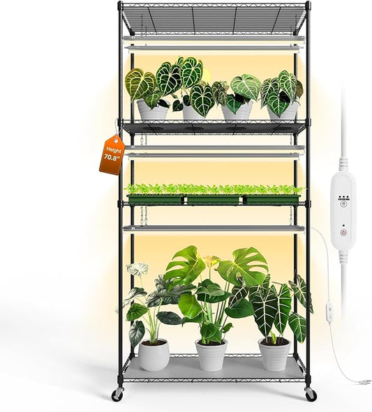 Plant Shelf with Grow Light with Timer, Tall Plant Stand with Adjustable Rack and Wheels, 6 Pack T5 3FT Full Spectrum Grow Lights for Indoor Plants, Seed Starting, Seed Tray, 35.4"x13.8"x70.8"