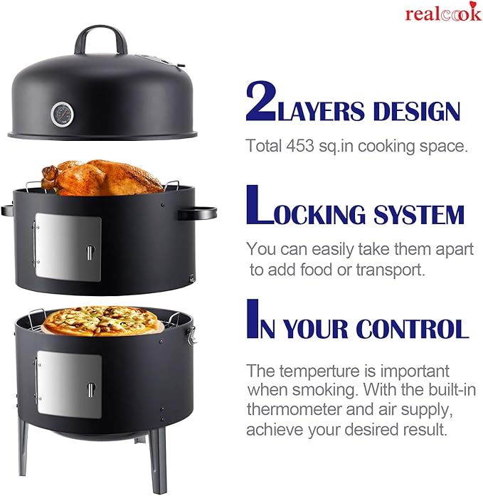 Realcook Vertical 17 Inch Steel Charcoal Smoker, Heavy Duty Round BBQ Grill for Outdoor Cooking, Black